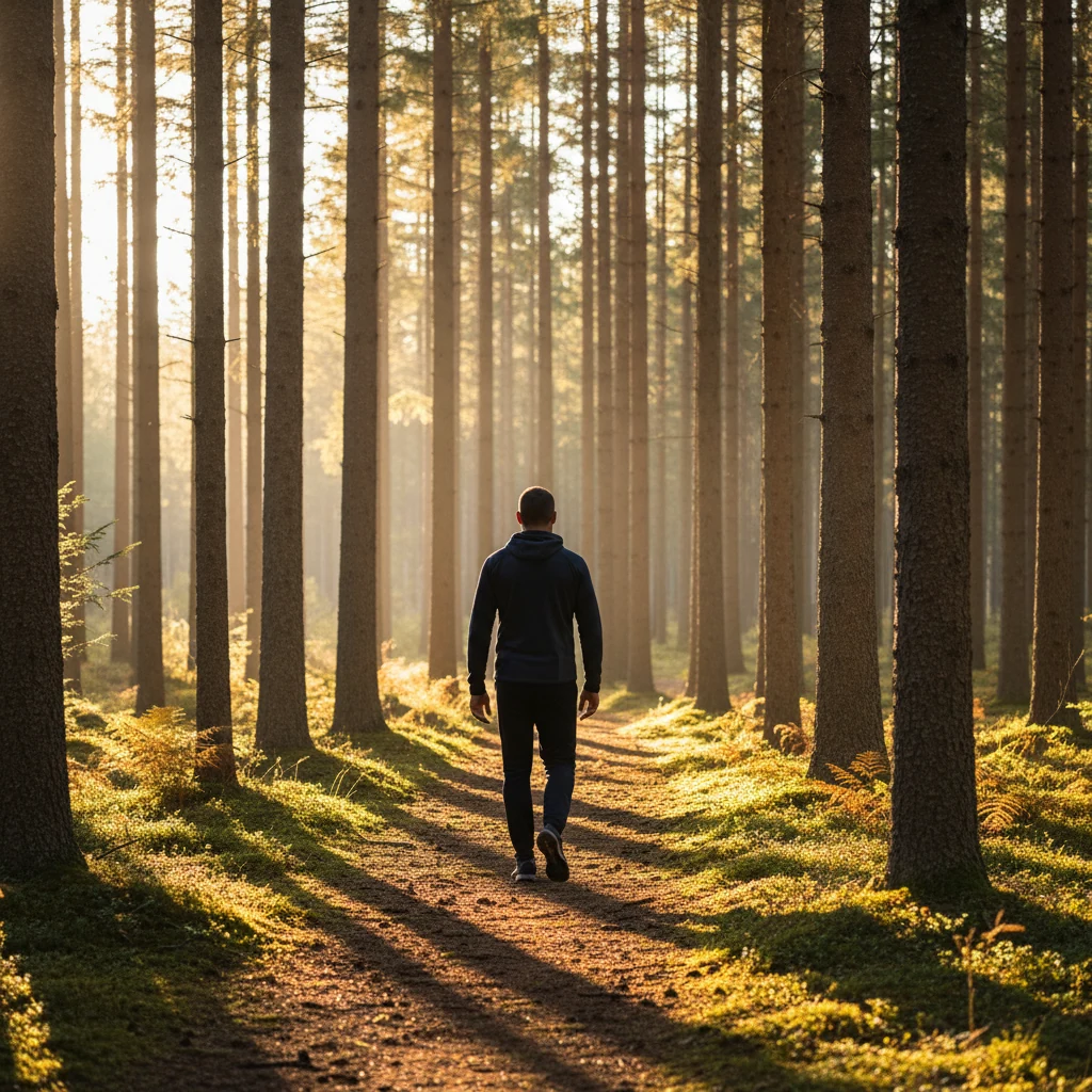Mies kävelee pohjoismaisessa metsässä - aktiivinen ikääntyminen